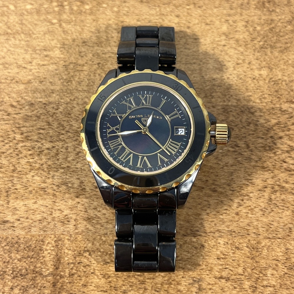 Swiss Legend Karamica Women's Black Gold Tone Watch Ceramic - Needs Battery